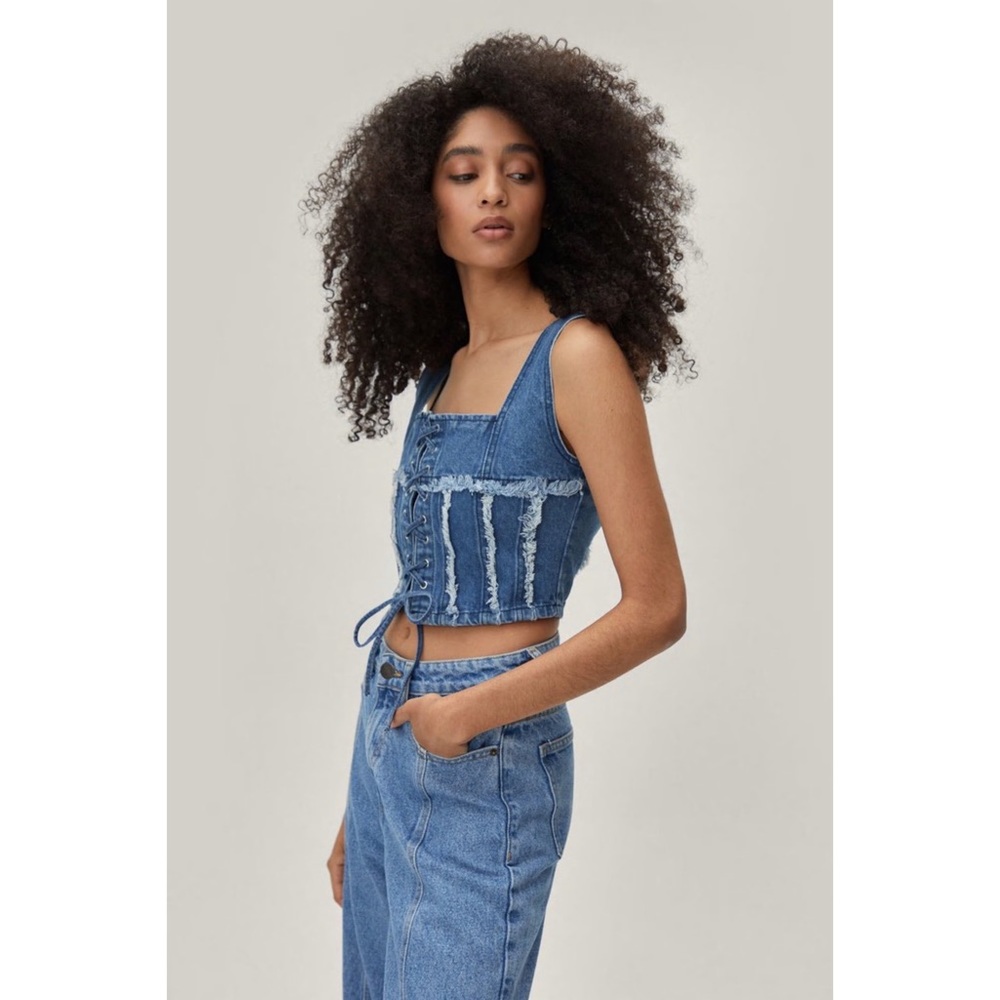 NWT Nasty Gal Lace Up Denim Cropped Corset Tank Top